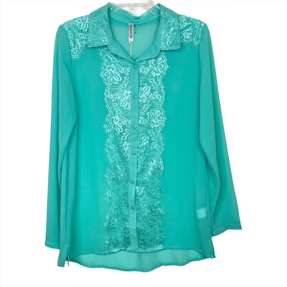 Monoreno Lace Detail Sheer Button Down, Small - Picture 1 of 11